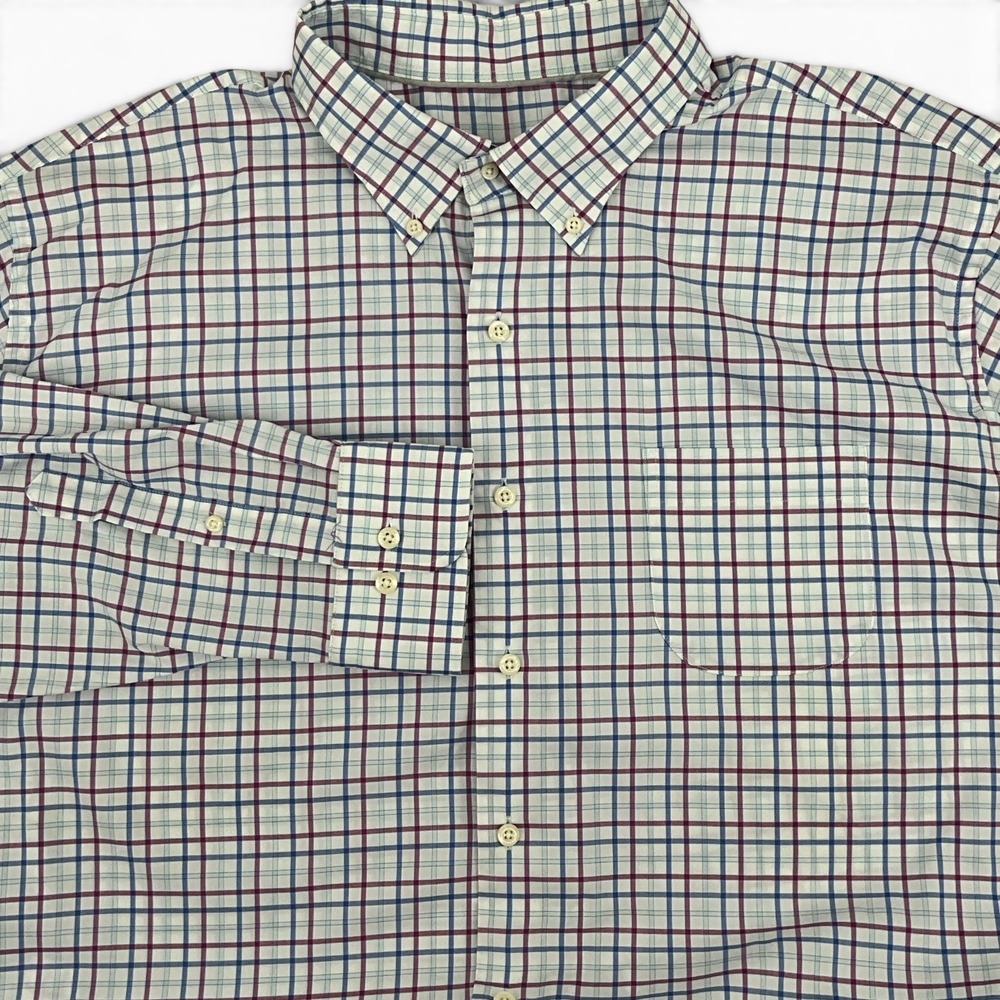Peter Millar Mens XXL Tattersall Plaid Button Down Shirt Blue Burgundy Stretch
